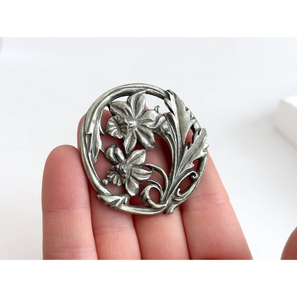 1987 Canadian Made Floral Pewter Art Nouveau Inspired Vintage Brooch Pin - Picture 9 of 14
